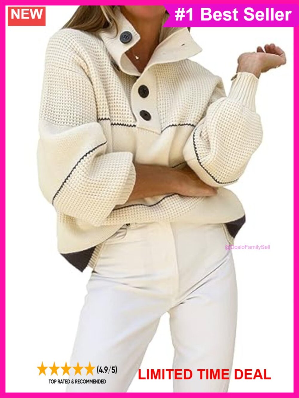Oversized Chunky Knit Pullover Sweater Half Button Turtleneck Batwing Sleeve